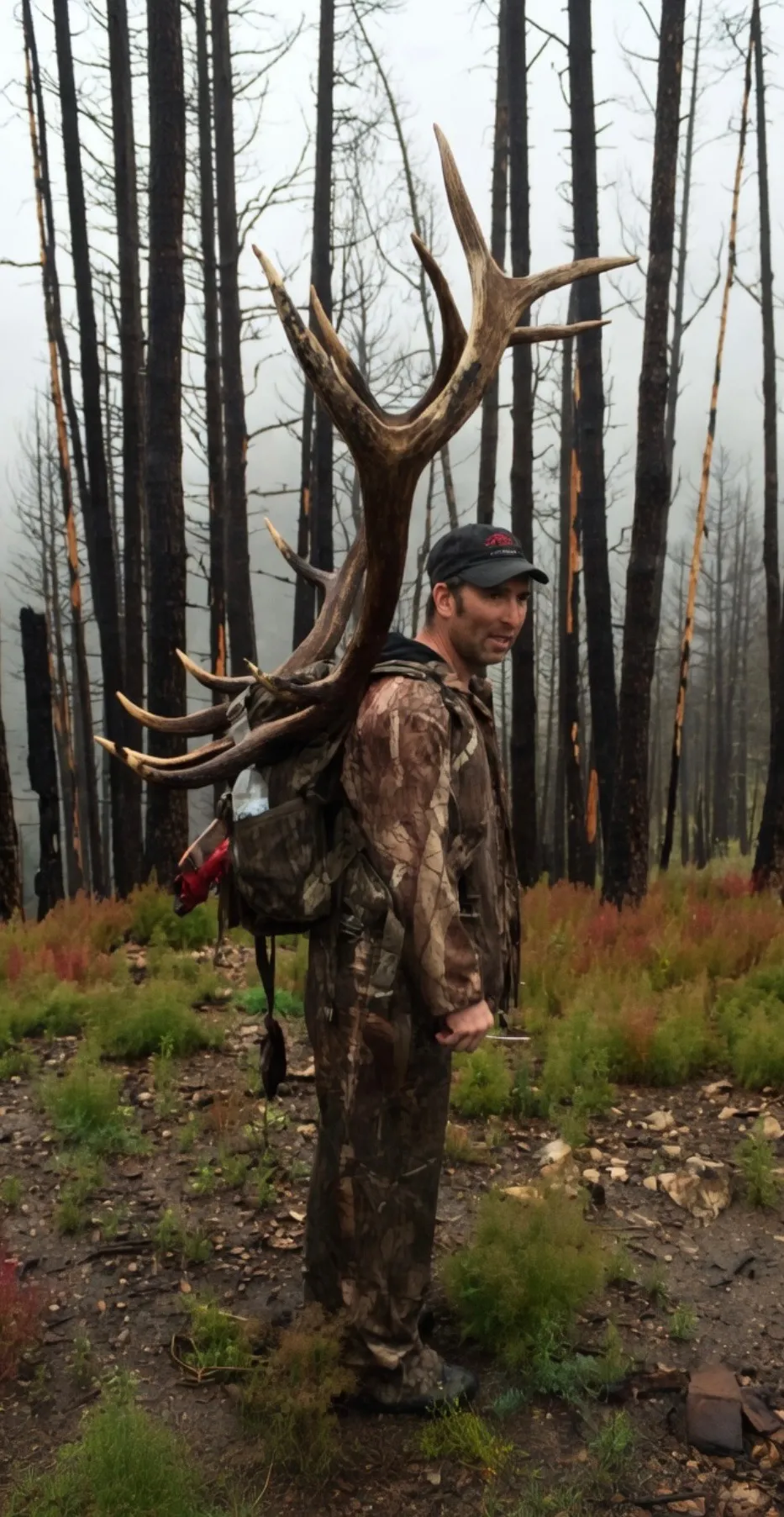 Suzanne Kalin walking in a forest of burnt trees, wearing a full camouflage outfit and a black hat, carrying a set of large elk antlers strapped to her backpack.